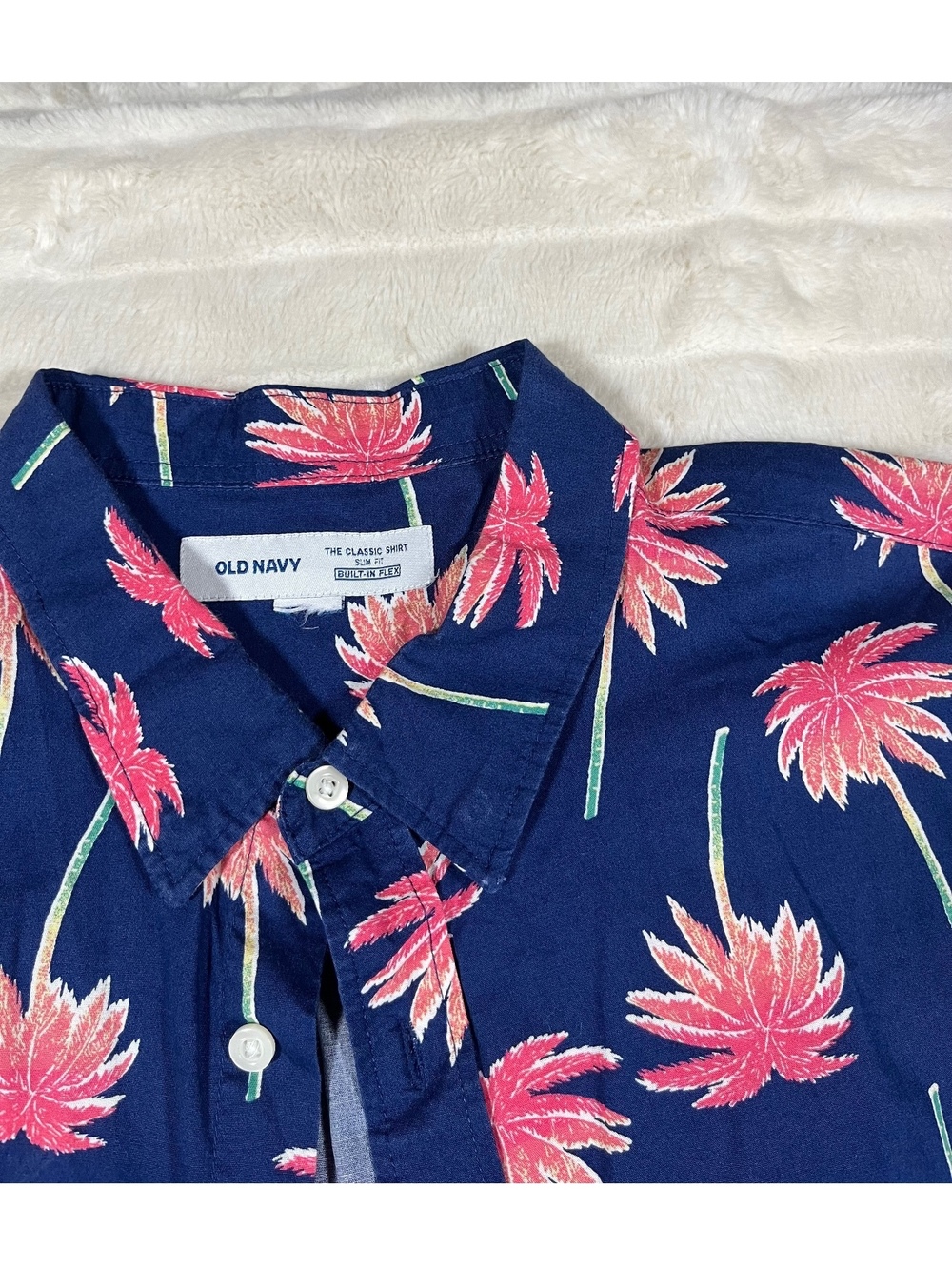 Old Navy Men's XXL Blue Pink Tropical Miami Palm Tree Button Vacation Shirt